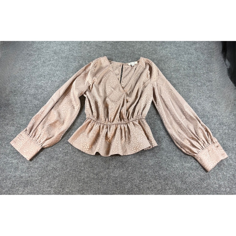 She + Sky Womens Satin Jacquard Animal Print Peplum Blouse Mauve Pink Small